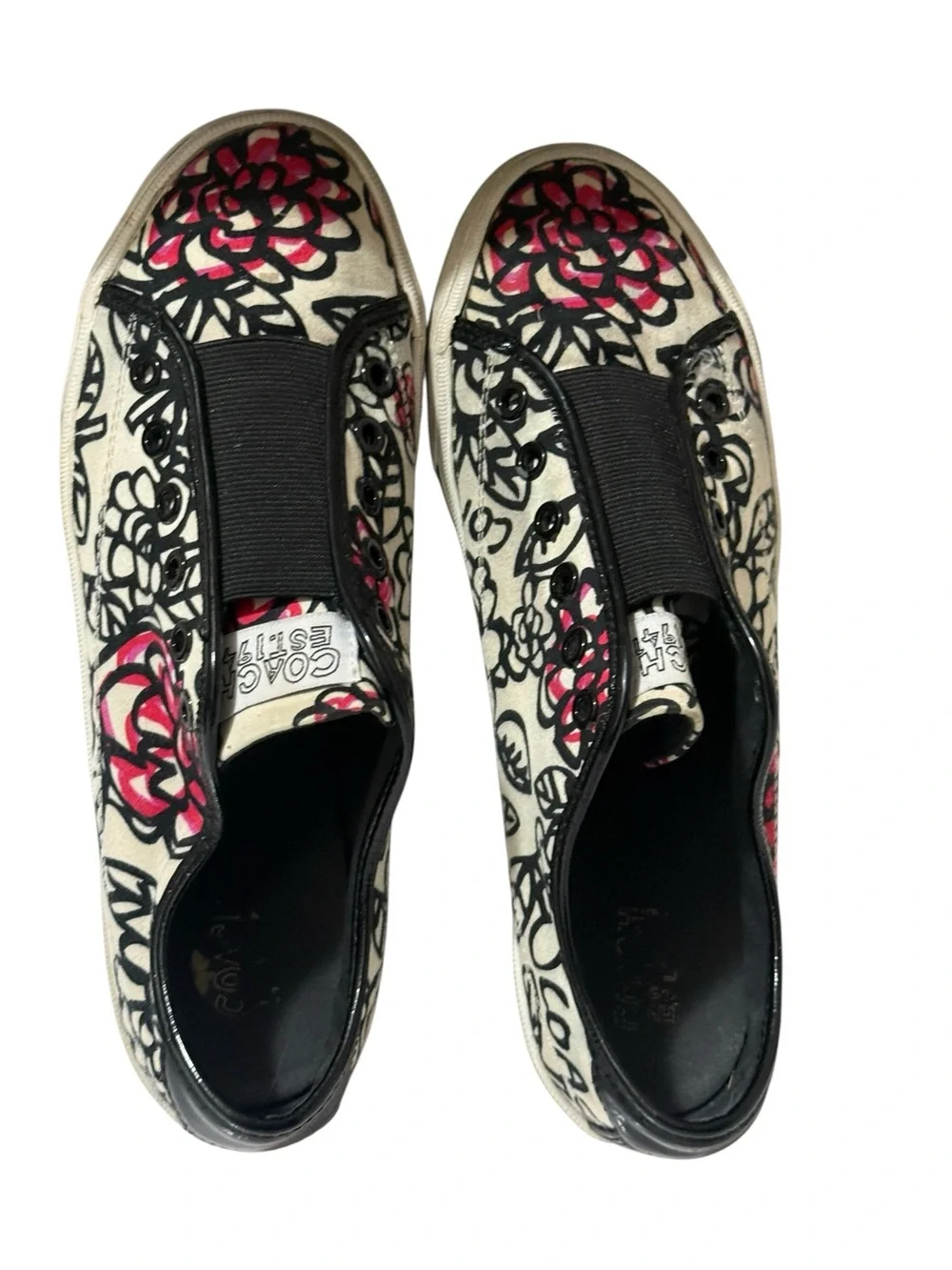 COACH Women’s Cream Slip-On Sneakers with Black & Red Floral Print